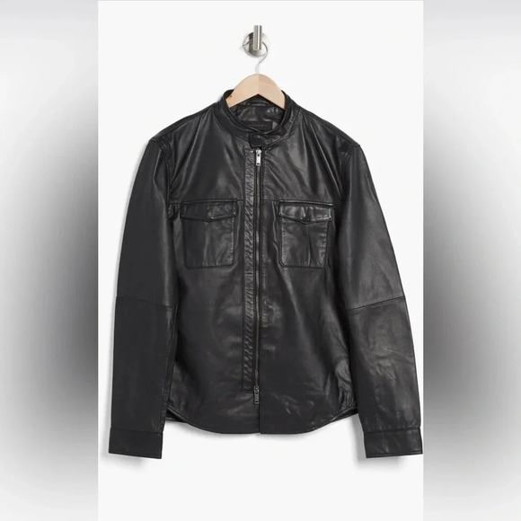 John Varvatos Men's Long Sleeve Steven Leather Shirt Jacket Snap Zip Front Black - Picture 3 of 11